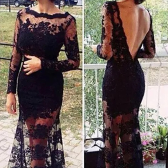 BLACK LACE FORMAL LONG GOWN DRESS - Picture 2 of 3